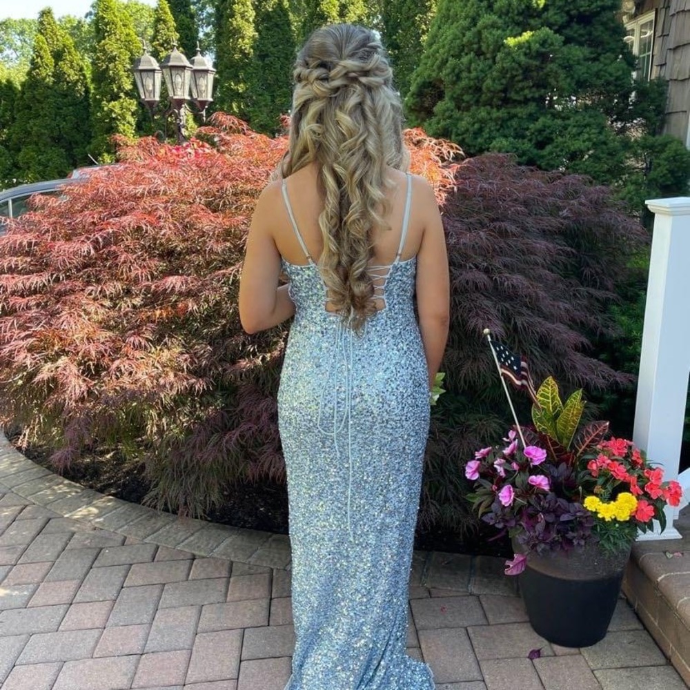 Blue sequenced Formal Gown/ Dress. Size 0. Worn only once for prom. Dry cleaned.